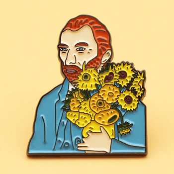 Cartoon Kuulus Maalikunstnik Van Gogh Päevalille Emailiga Sõle Pin Rinnamikrofon Metallist Tihvtid Prossid Märgid Peen Ehted Tarvikud