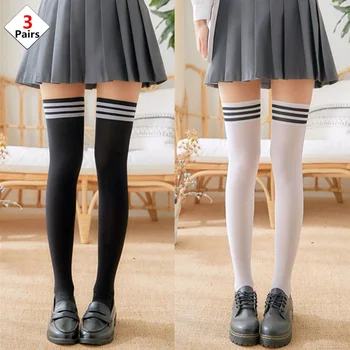 3 Paari Seksikas Musta Valge Triibuline JK Pikad Sokid Naiste Reie Kõrge Sokid Üle Põlve Sukad Jaapani Lolita Daamid Tüdrukute Sokid