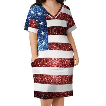 Ameerika Lipu Punane Sinine Kleit V Kaela Faux Sätendab Särab Trendikas, Seksikas Kleidid Basic Print Casual Kleit Tasku Suur Suurus 5XL